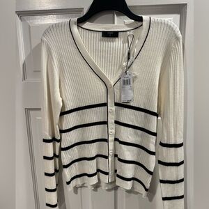 NWT Tahari Cream and Black Striped Cardigan Sweater
